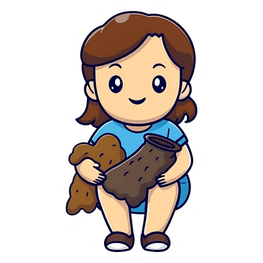 White girl with brown hair holding poop sticker