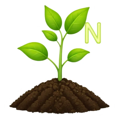 Create a cute emoji showing a healthy green plant growing from soil with a small glowing letter "N" above it, symbolizing nitrogen efficiency (NUE). Flat design, emoji style, simple shapes, bright colors, white background, vector illustration. sticker