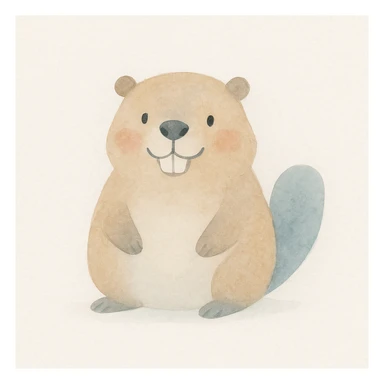 cute friendly beaver character, bright expression, round body, emphasized front teeth, watercolor style sticker