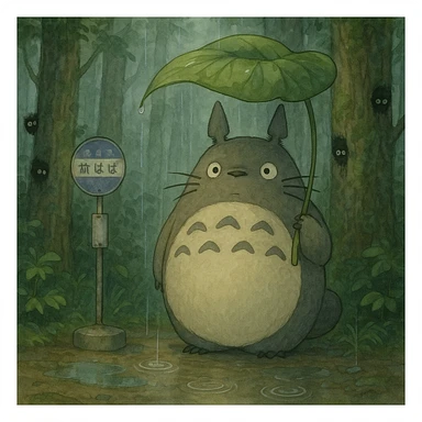 Totoro waiting at a misty forest bus stop, holding a giant leaf umbrella, while tiny soot sprites peek out from tree trunks nearby and raindrops ripple in puddles at his feet. sticker