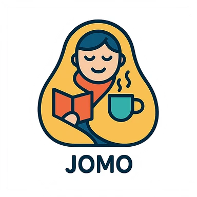 JOMO (joy of missing out) as a cozy icon, featuring a person with a blanket, tea, and a book, looking peaceful, color outline icon style sticker