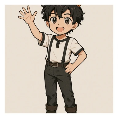 young anime boy with dark wavy hair, wearing a simple golden crown, white shirt with black trims and black suspenders, dark pants with belt and boots, standing confidently with one arm raised saying hello sticker
