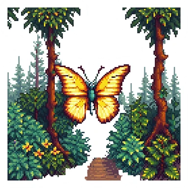 pixel art butterfly among trees and plants, forest background sticker