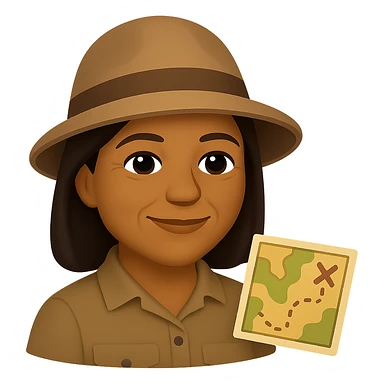 Reduce wrinkles on the face, keeping only a few light wrinkles around the eye corners and mouth to make her look about 55 years old. Maintain the emoji style look with brown skin, an archaeological hat, and a small map beside her. Keep the background transparent. The original style is emoji, but since emoji style does not support editing, use the general style editor while preserving the emoji style appearance. sticker