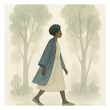 black lady walking through a forest, gentle brushstrokes and natural colors, watercolor art style sticker
