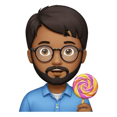 Light Brown boy, round face with black beard and hair and glasses holding candy sticker