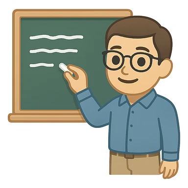 A cute and detailed emoji of a male teacher writing on a chalkboard. The teacher is smiling, wearing glasses, and dressed in a casual shirt and pants. He is holding a piece of chalk and writing something on the blackboard. sticker