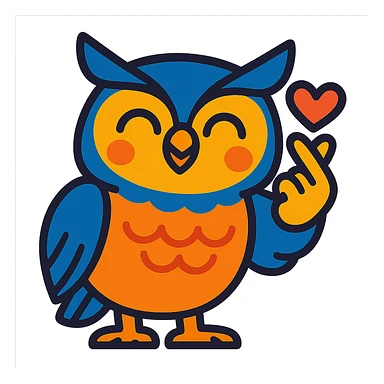 a wise owl smiling and making the saranghae (Korean finger heart) sign, visually appealing style, vibrant colors sticker