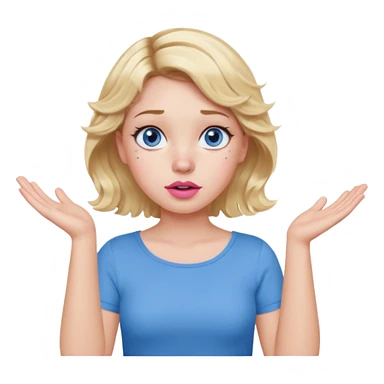 Girl Blonde short wavy hair,  blue eyes, cute blue top, long lashes, pink lips, confused, shrugging hands raised sticker