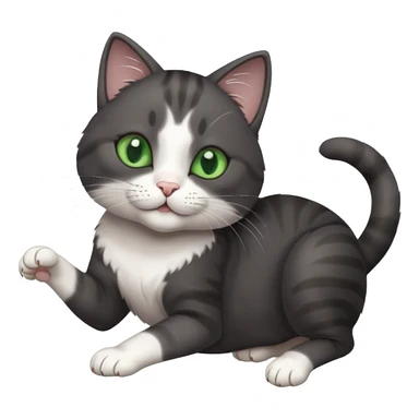 beautiful female solid dark grey cat with green eyes, white toes/paws and white patch on her chest playfully rolling upside down sticker