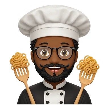 CHEF CON PELO NEGRO RIZO Y BARBA NEGRA, OJOS MARRON OSCURO Y GAFAS DE PASTA NEGRAS. SONRIE Y TIENE MARCAS DE BESOS CON FORMA DE LABIOS EN LAS MEJILLAS (COMO MANCHAS DE PINTALABIOS) sticker