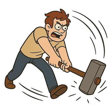 a character swinging a sledgehammer forward, dynamic action pose, energetic cartoon style, motion lines sticker