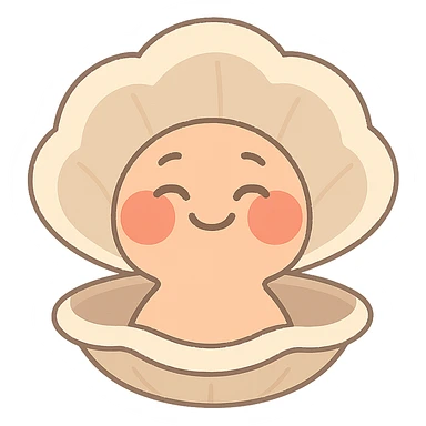 Create a cute oyster with a kind but affirmed expression, very red cheeks, using cream, peach, and greige colors. The style should be pastel toon. Make the background transparent. sticker