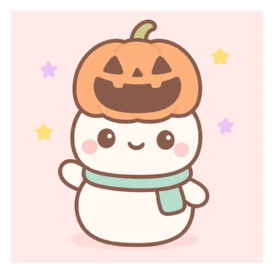 Change the snowman's head to a hollowed-out pumpkin while keeping the body like a classic snowman. Render in kawaii style. Keep the background as is. sticker