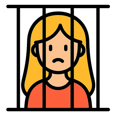 golden girl with long hair stuck behind jail bars, color outline icon sticker