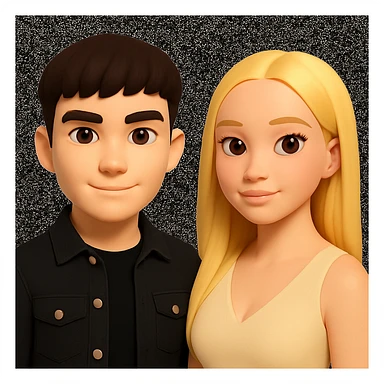 Slightly increase the volume of the upper body of the girl, separate the girl and the boy from each other, make the skin color the same for both characters, while preserving the cartoonish 3D style. sticker