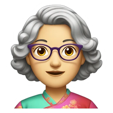 Chinese lady with like Lai gray hair wavy hair to the shoulder length where Chinese dress colourful dress wear glasses sticker