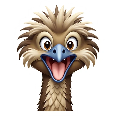 Cinematic Cute Yawning Emu Portrait Emoji, Head tilted slightly with a dramatic, wide-open yawn, showcasing a soft, downy brown plumage with gently drooping feathers and eyes barely open in drowsy contentment, Simplified yet irresistibly adorable features, highly detailed, glowing with a soft, cozy glow, high shine, relaxed yet expressive, stylized with a touch of outback charm, bright and endearing, soft glowing outline, capturing the essence of a sleepy yet affectionate emu, so drowsy it feels like it could stretch out of the screen and curl up for a nap! sticker