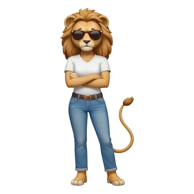 friendly anthropomorphised female lion character, full body, standing confidently with legs shoulder width apart and arms folded, wearing jeans, a white t-shirt, and dark sunglasses, with a determined expression sticker