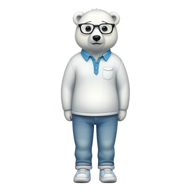 friendly anthropomorphised polar bear standing upright, looking relaxed, wearing a shirt, jeans, trainers, extravagant glasses sticker