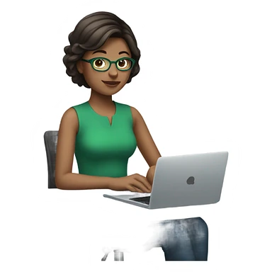 brunette girl with short hair in blue green clothes and glasses behind laptop  sticker