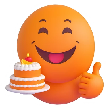 3D smiley emoji, round shape, grandmother with cake, orange color, smiling face sticker