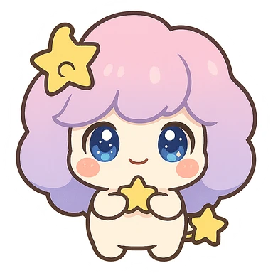 Stella Puff (星星噗噗) in kawaii chibi style, front view, holding a tiny star, big sparkling blue-violet eyes, puffy pastel pink-purple gradient hair with a yellow star swirl, creamy white round body, coral pink blush, short arms and legs, golden star tail, clean lines, transparent background sticker