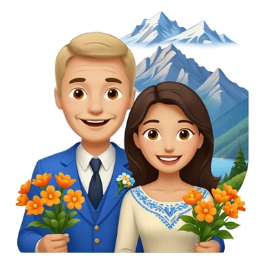 Laughing Couple traveling in Montenegro russian man and elegant  Latina girl delicate flowers and mountains in the background sticker