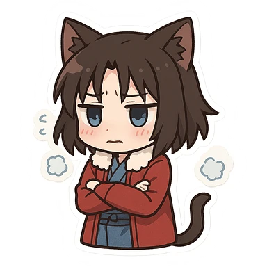 Chibi Ryougi Shiki with cat ears and cat tail, looking cold, signature outfit sticker