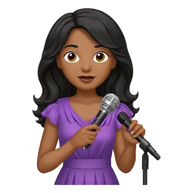 Middle age, long wavy black hair, brown skin, wearing dress, holding mic sticker