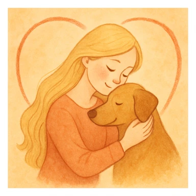 A pretty woman with pale skin and very long blonde hair hugging a dog, with a heart encircling her. sticker