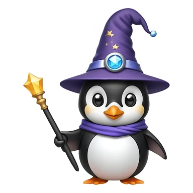 penguin wearing a wizard hat and holding a magic wand sticker