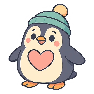 chubby penguin wearing a beanie hat with a large heart on its chest in pastel-toon style sticker