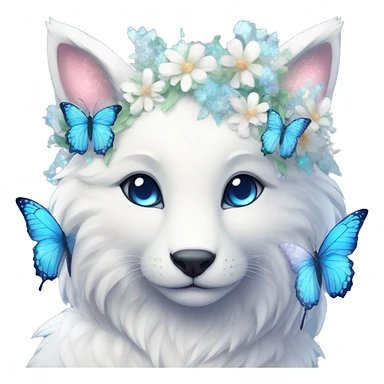 Anthro Cute Cool Kawaii gorgeous sparkly ethereal white fantasy animal creature with blue eyes furry sona with flowers and butterflies beautiful aesthetic sticker