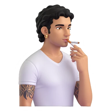 Italian man with tanned skin, curly black hair in short bob style, stubble, olive eyes, gold earring in left ear, white t-shirt, black tattoo on forearm, smoking cigarette sticker