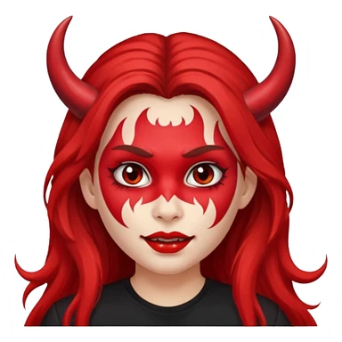 a long-haired red face paint devil girl with shirt sticker