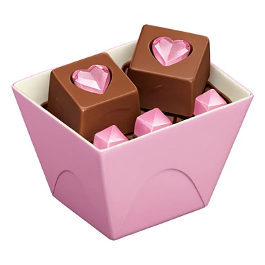 Two square milk chocolate Each of the two chocolates will have its own pralines only, Each praline is a sharp-edged cube with smooth glossy chocolate coating, placed in a small white fluted paper candy cup. On top of each cube is a flat pastel pink heart-shapedwith fine sugar crystal sparkle. sticker
