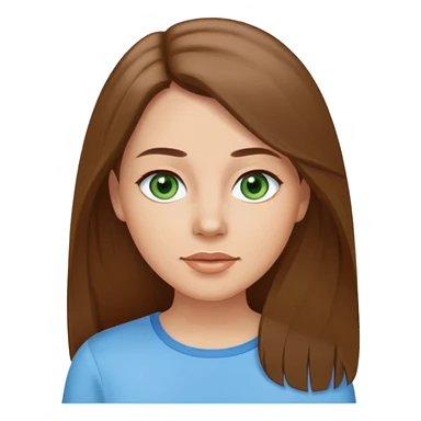 Adult woman avatar, light skin tone, oval face, straight long brown hair, green eyes, neutral mouth, sky blue top sticker