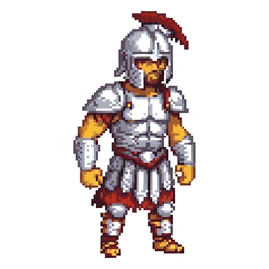 a gladiator in a dramatic pose, pixel art style sticker