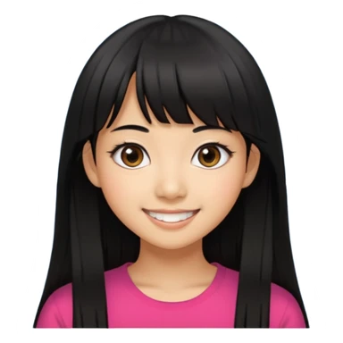 20 yr old asian woman hair  center part big eyes big smile tanned skin straight black hair center part hair long bangs sticker