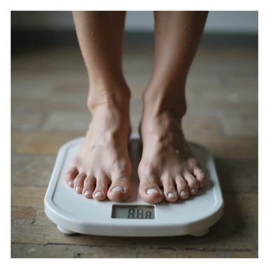 close-up hyperrealistic 4K image of a scale with numbers slowly rising, adult person's feet on it sticker