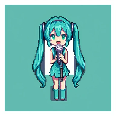 Hatsune Miku singing with a microphone, teal hair, pixel art character sticker