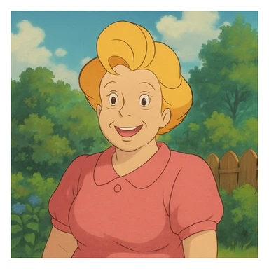 Bunny Bravo from Johnny Bravo, Johnny's mom, cheerful woman with blonde hair, pink dress, in Ghibli art style sticker