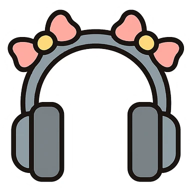 gray headphones with light pink bows on top of the headband, color outline icon style sticker