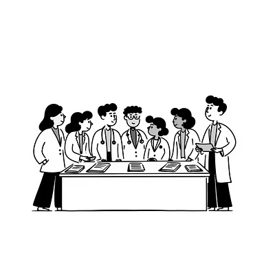 Hand-drawn meeting of emergency medical fund committee with doctors, nurses and financial documents sticker