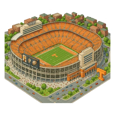 Изометричная, яркая, детализированная и фотореалистичная иллюстрация стадиона Neyland Stadium в стиле 3D-коллажей городов, насыщенные цвета, аккуратные линии, мультяшно-реалистичная стилистика. Чёткие контуры, прозрачный фон, высокое качество. sticker