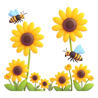 Two bees flying above yellow flowers with a sun in the background sticker