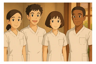 four nursing students standing side by side, inspired by four provided faces, wearing white short-sleeve outfits with V-neck, left chest pocket, no collar, no undershirt, no stethoscope, warm indoor ambiance, Ghibli style sticker