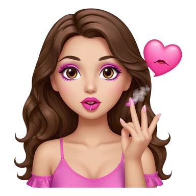 girl with long wavy brown hair, brown eyes, long lashes makeup, sexy pink lips, light to medium complexion, wearing a pink sexy top, blowing a kiss sticker