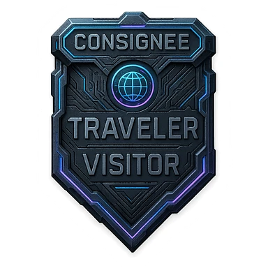 a metal insignia badge for a consignee traveler visitor, space scifi-futuristic cyberpunk futurepunk sticker